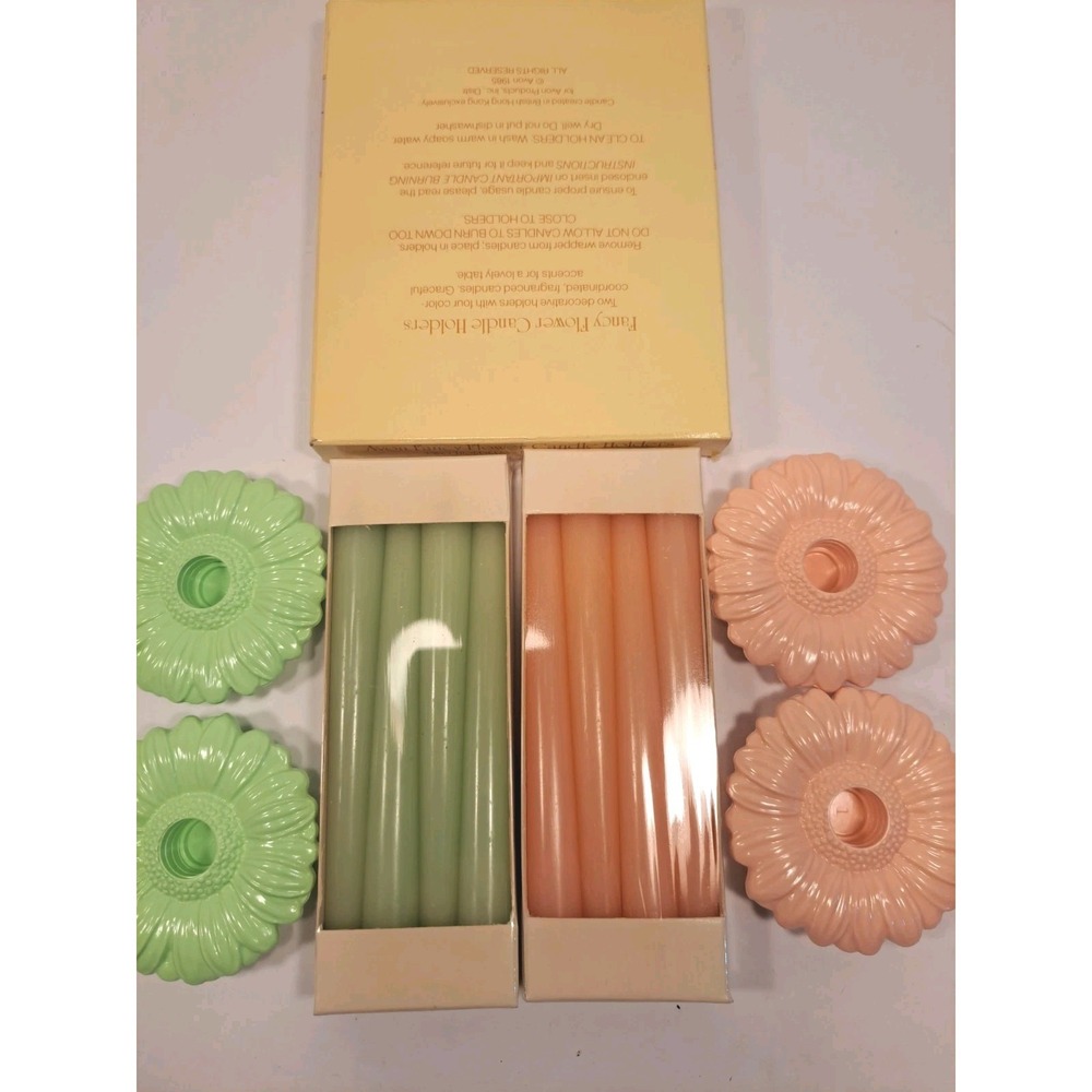 Vtg 1985 Avon Fancy Flower Green & Peach Candle Holders Candles W/Box *Set of 2